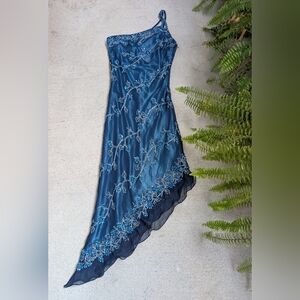 Vintage 90s Scala Sz S Blue Silk OneShoulder Asymmetrical Beaded Y2K Midi Dress